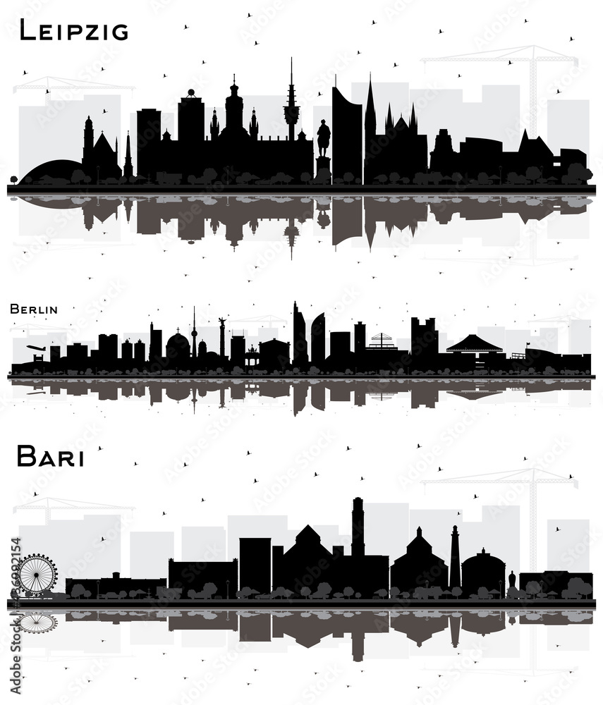 Berlin, Leipzig Germany and Bari Italy City Skyline Silhouette Set.
