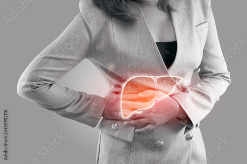 Illustration of liver on woman's body against gray background, Hepatitis, Concept with Healthcare And Medicine photo