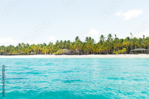 Island with coconut palms and Caribbean sea. Tropical scene with white sand, beautiful travel card background