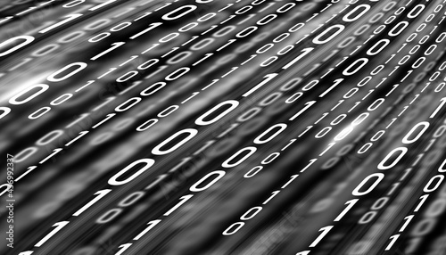 LED light text number one and zero. Binary code on the monitor screen.