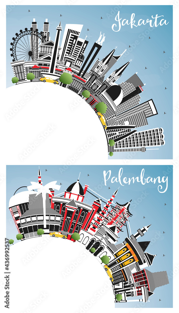Palembang and Jakarta Indonesia City Skyline Set.