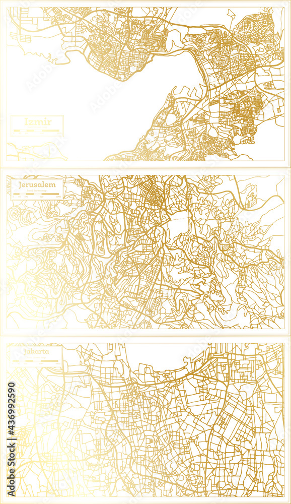 Jerusalem Israel, Jakarta Indonesia and Izmir Turkey City Map Set.