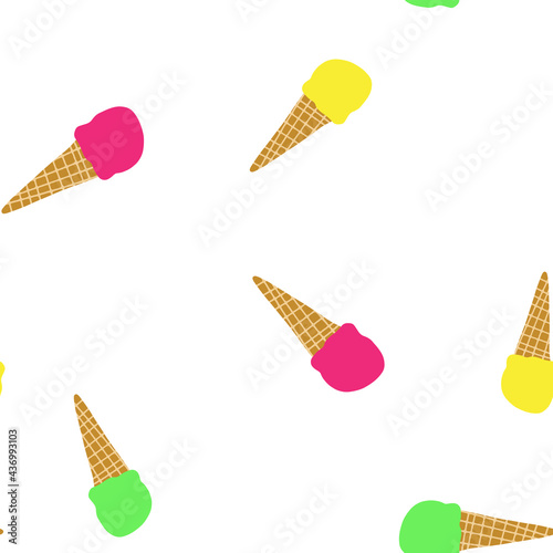 Hand drawn vector illustration of waffle cone with ball of ice cream or gelato in bright colors. Seamless pattern.