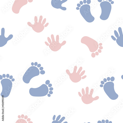 Baby footprint seamless pattern, hand & footprint makers, vector background, hand draw kids surface pattern