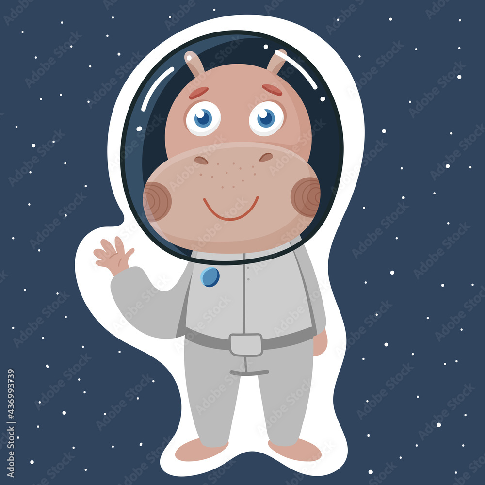 Cute hippo in a spacesuit for space flight. Portrait of a cute animal. Vector cartoon character in simple hand-drawn scandinavian style. Ideal for decorating nursery and printing on baby clothes Cute hippo in a spacesuit for space flight. Portrait of a cute animal. Vector cartoon character in simple hand-drawn scandinavian style. Ideal for decorating nursery and printing on baby clothes