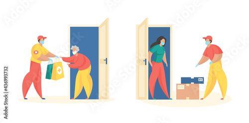 Delivery social assistance and orders. Masked couriers bring home medicines and food to customers. Fast service for online orders. Social distancing in coronavirus pandemic. Vector flat illustration