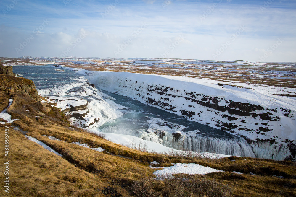 Overlook of Gullfoss waterfall in Iceland during winter