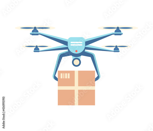 Drone delivers cargo. Modern quadrocopter with propellers carries box to buyer. Innovative delivery service tool. Online management with fast logistics and air travel. Vector flat illustration