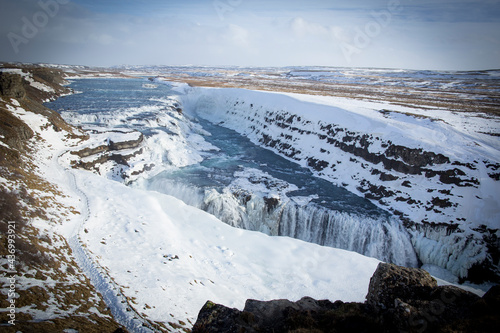 Overlook of Gullfoss waterfall in Iceland during winter