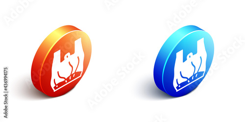 Isometric Say no to plastic bags poster icon isolated on white background. Disposable cellophane and polythene package prohibition sign. Orange and blue circle button. Vector