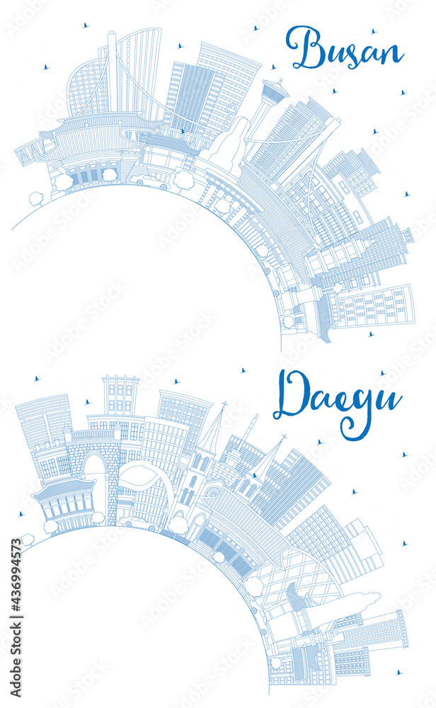 Outline Daegu and Busan South Korea City Skyline Set.
