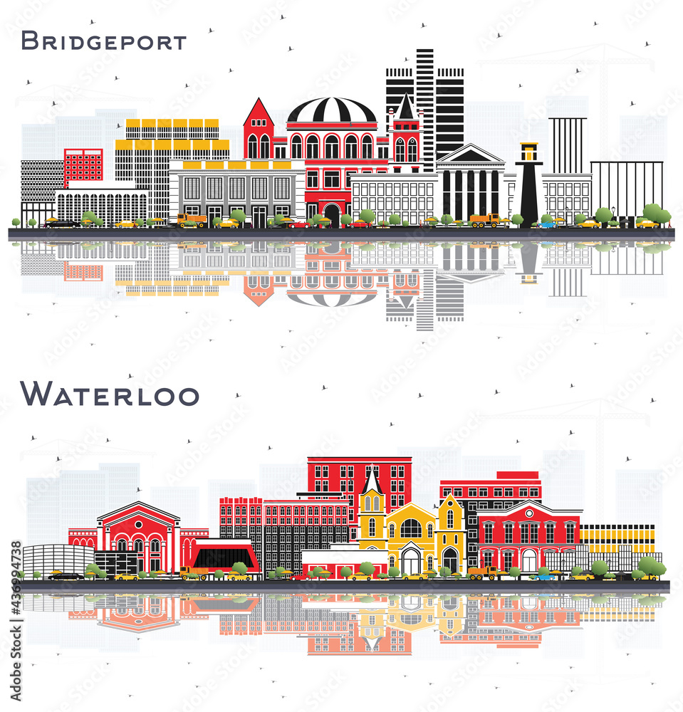 Waterloo Iowa and Bridgeport Connecticut City Skyline Set.