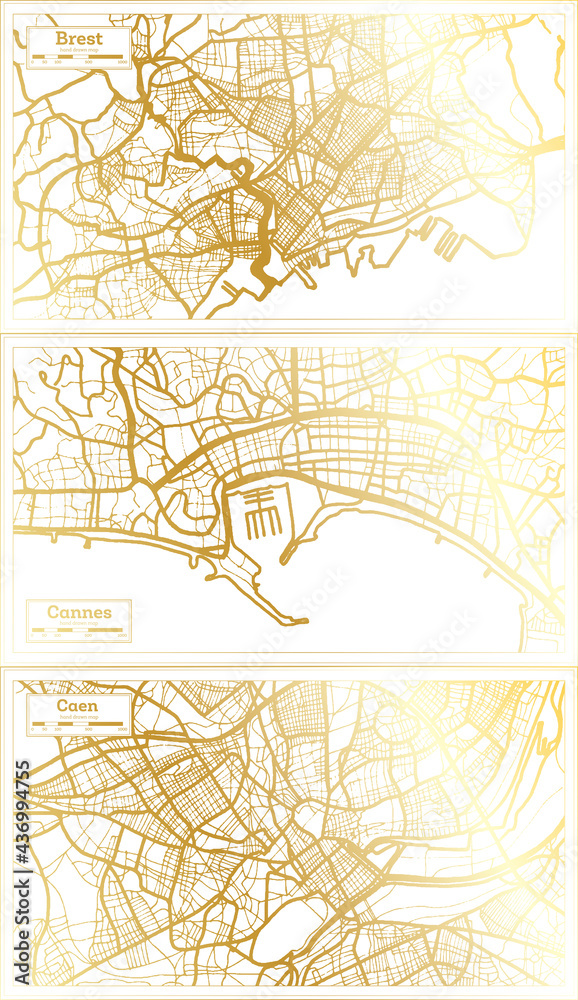 Cannes, Caen and Brest France City Map Set.