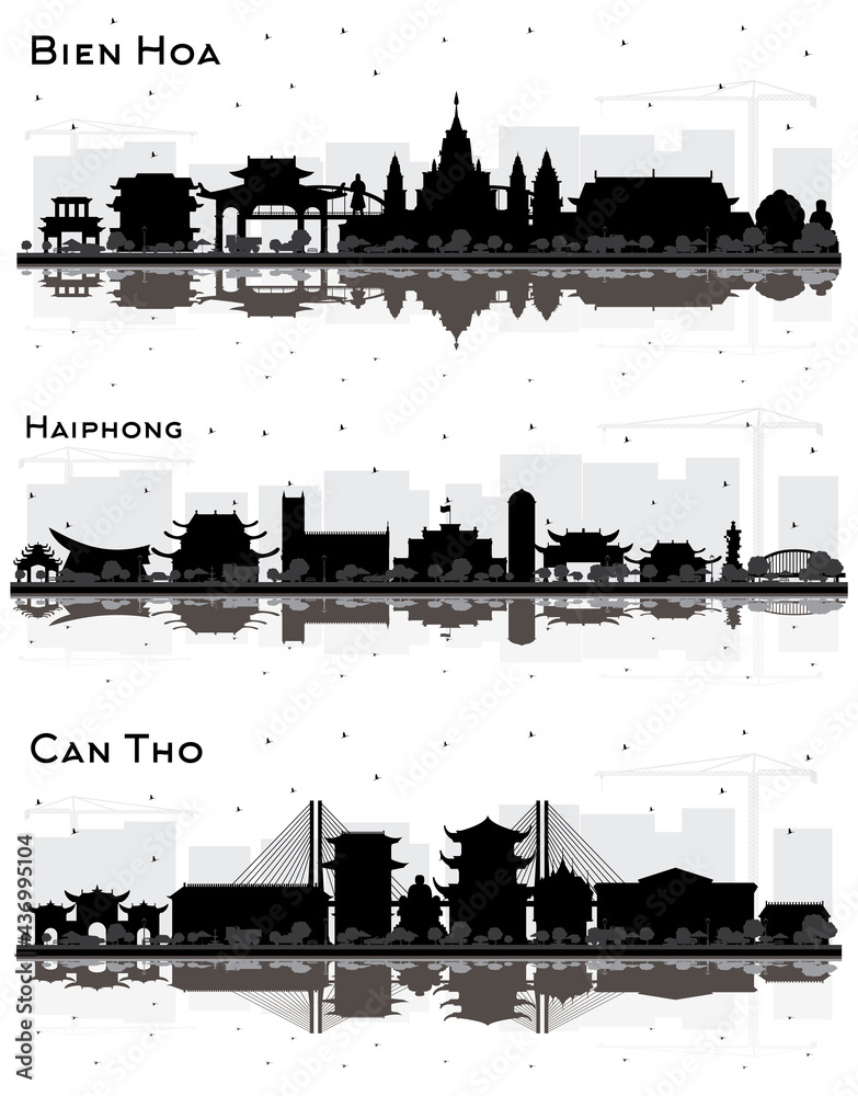 Haiphong, Can Tho and Bien Hoa Vietnam City Skyline Silhouette Set.