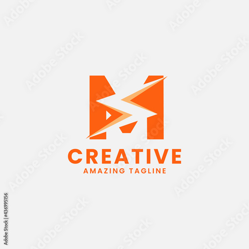 Free Download Orange Negative Space Flash on Letter M Monogram Initial Logo in White Background - GFXLoad