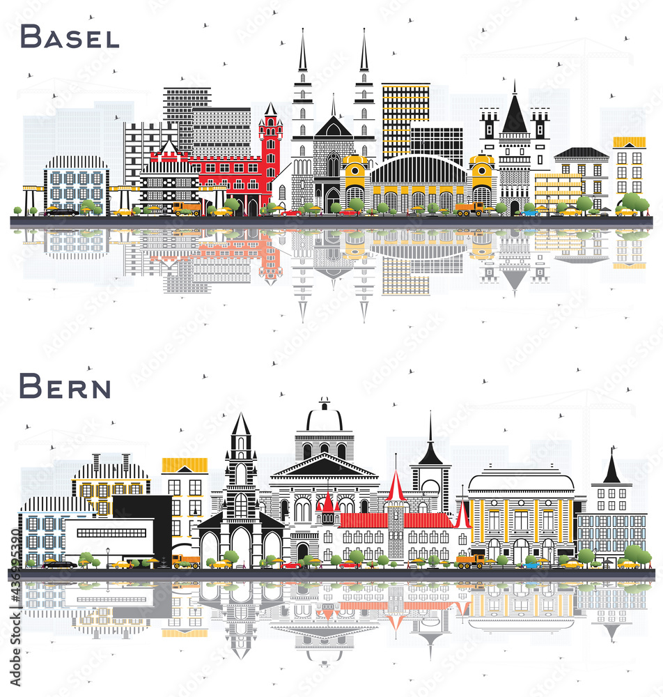 Bern and Basel Switzerland City Skyline Set.