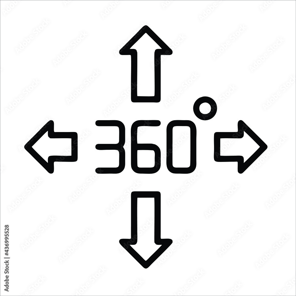 360 degree arrows icon set in flat style. 360 degree view rotation set. 360 degree rotation. Virtual reality. Vertical and horizontal view. Arrow icons.