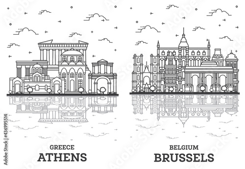 Outline Athens Greece and Brussels Belgium City Skyline Set.