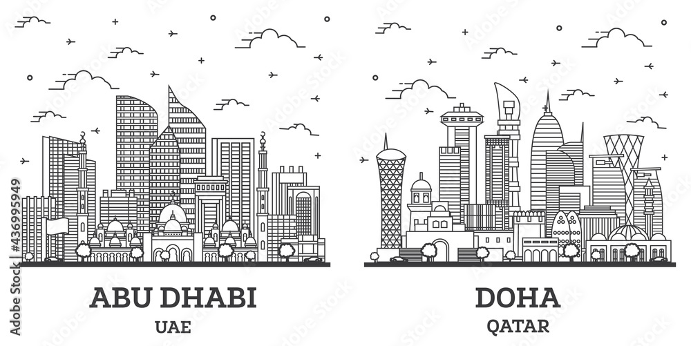 Outline Doha Qatar and Abu Dhabi United Arab Emirates City Skyline Set.