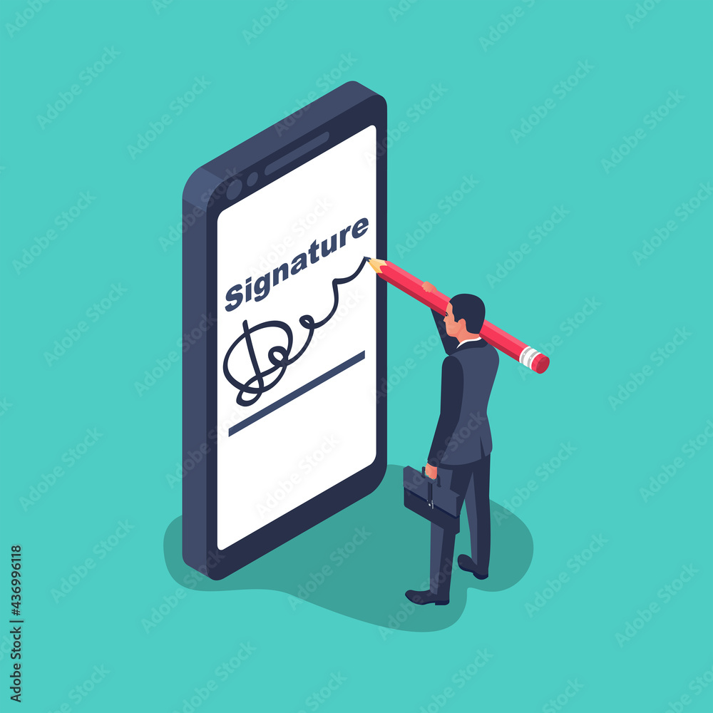 Digital signature on smartphone.Vector illustration isometric 3D design.Businessman hands holding a phone for signature.Modern technology business. Digital signature on smartphone.Vector illustration isometric 3D design.Businessman hands holding a phone for signature.Modern technology business.