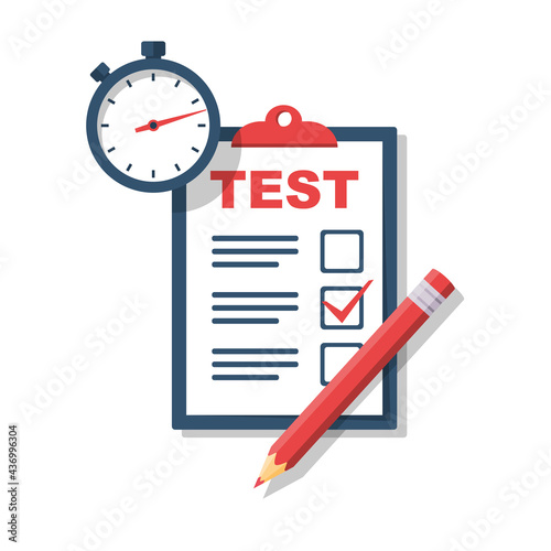 Test time concept. Clipboard with dough form, pencil, and stopwatch. Vector illustration, flat design. Filling, writing tests. Exam on time. Checklist, survey. Filling out forms.
