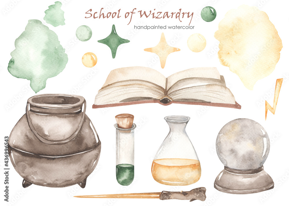 Naklejka premium Watercolor set School of Wizardry with potion, cauldron, book of magic, magic wand, elixirs, crystal ball