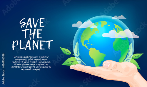 Save the planet concept. Concept of sustainability or environmental protection. Earth globe with green leafs in the hand of human. Protect nature and ecology background banner. Vector illustration.
