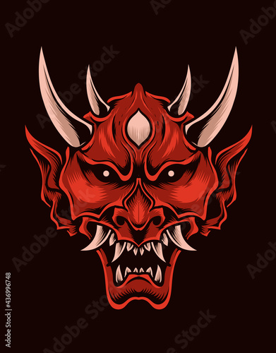 illustration scary oni mask red color