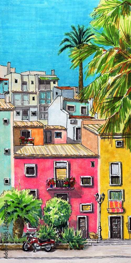 A street in a Spanish city. City landscape. Drawing with markers. Handmade.