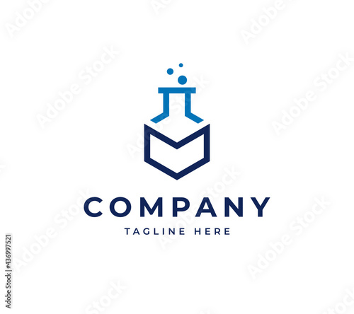 Letter M cube lab vector logo. Minimalist medical lab logo design