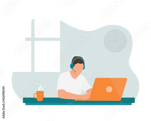 Man is working  at the desktop with a laptop and headphones with microphone. Concept illustration for support, assistance, call center. Vector illustration in cartoon style