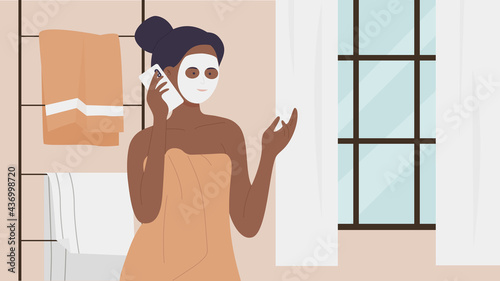 Girl talking on mobile phone in bathroom interior vector illustration. Cartoon young woman character using smartphone to talk with friend during bath hygiene procedures in daily routine background