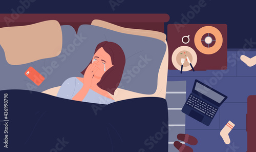Depression mental problem, depressed emotions vector illustration. Cartoon lonely young upset woman character lying in bed alone, unhappy girl teenager crying, needs psychology therapy background