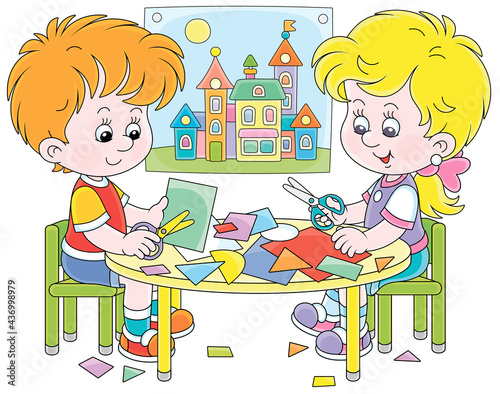 Happy little children cutting outlines and figures from color paper with scissors and making a funny picture of a pretty toy town, vector cartoon illustration isolated on a white background