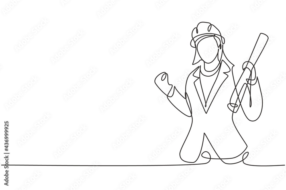 Single continuous line drawing female architect with celebrate gesture and wearing helmet carried building construction drawing paper. Success person. One line draw graphic design vector illustration Single continuous line drawing female architect with celebrate gesture and wearing helmet carried building construction drawing paper. Success person. One line draw graphic design vector illustration