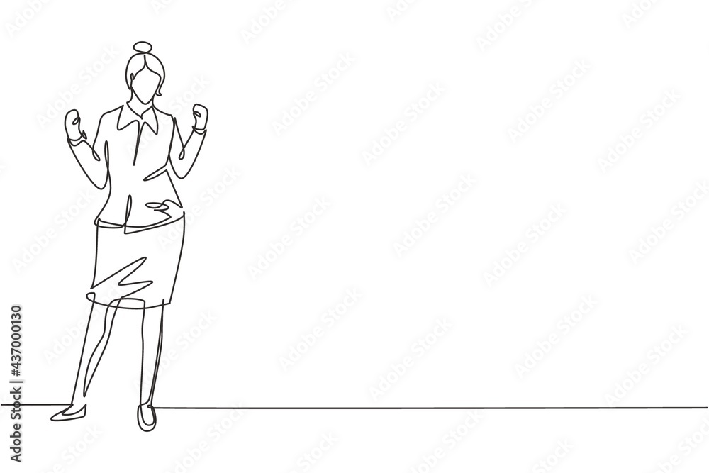 Single one line drawing flight attendant stands with celebrate gesture and uniform prepare at airport with crew flying to destination. Modern continuous line draw design graphic vector illustration Single one line drawing flight attendant stands with celebrate gesture and uniform prepare at airport with crew flying to destination. Modern continuous line draw design graphic vector illustration
