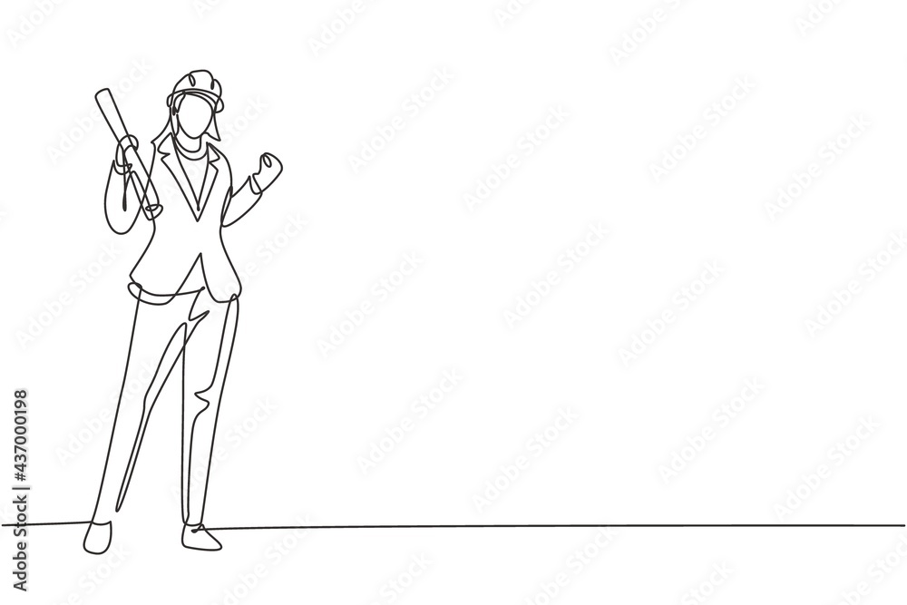 Single one line drawing female architect stood with celebrate gesture and wearing helmet carrying blueprint for the building's work plan. Modern continuous line draw design graphic vector illustration Single one line drawing female architect stood with celebrate gesture and wearing helmet carrying blueprint for the building's work plan. Modern continuous line draw design graphic vector illustration