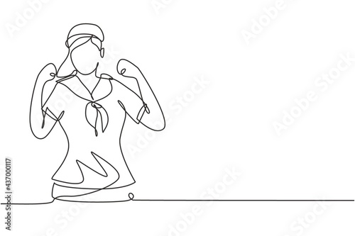 Single continuous line drawing sailor woman with celebrate gesture and scarf around her neck ready sail across seas in ship headed by captain. Dynamic one line draw graphic design vector illustration