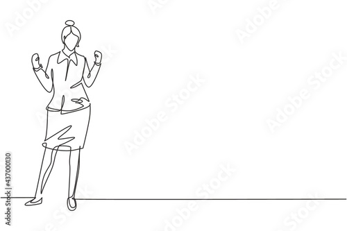 Single one line drawing flight attendant stands with celebrate gesture and uniform prepare at airport with crew flying to destination. Modern continuous line draw design graphic vector illustration