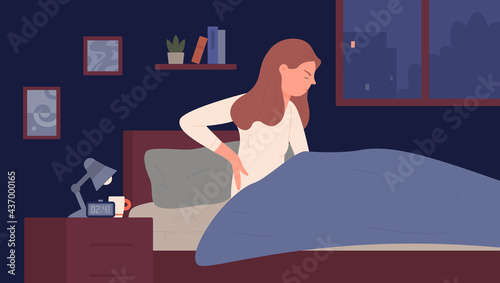 Sleepy sick girl suffers from ache and insomnia problem at night vector illustration. Cartoon tired young woman character sitting in bed under blanket with backache, trying to sleep background
