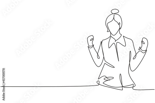 Single one line drawing flight attendant with celebrate gesture ready to serve airplane passengers in a friendly and warm manner. Success job. Continuous line draw design graphic vector illustration