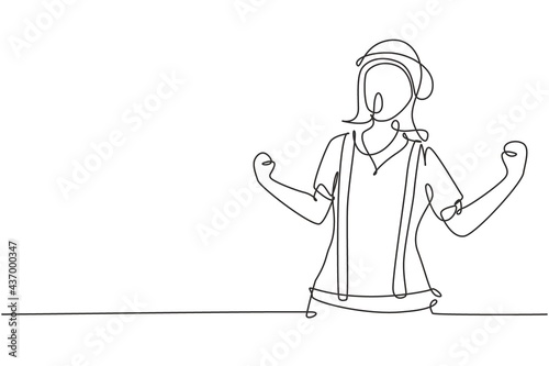 Continuous one line drawing female mime artist with celebrate gesture and white face make-up puts on a silent motion comedy show at circus arena. Single line draw design vector graphic illustration