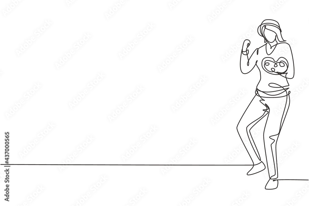 Continuous one line drawing female painter stands with celebrate gesture using a hat and painting tools to produce artwork in her workshop studio. Single line draw design vector graphic illustration Continuous one line drawing female painter stands with celebrate gesture using a hat and painting tools to produce artwork in her workshop studio. Single line draw design vector graphic illustration