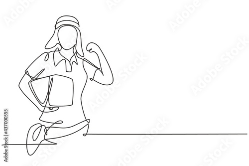 Wallpaper Mural Continuous one line drawing deliverywoman with celebrate gesture, carrying package box to be delivered to customers with best service. Success job. Single line draw design vector graphic illustration Torontodigital.ca