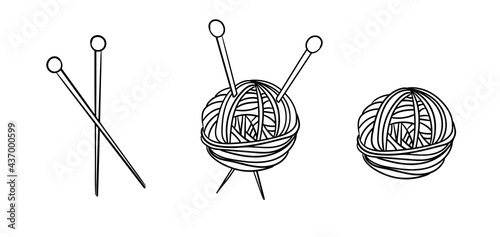 A set of three knitting-themed doodle elements: a ball of yarn, knitting needles and a ball of yarn with knitting needles. Vector illustration.