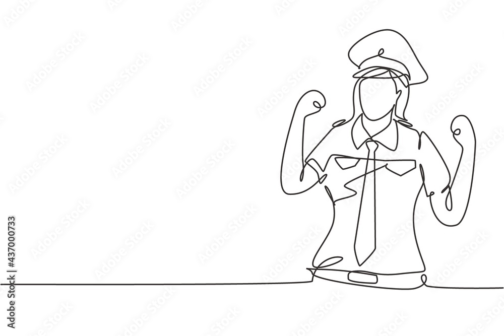 Single continuous line drawing female pilot with celebrate gesture and full uniform ready to fly with cabin crew in aircraft at international airport. One line draw graphic design vector illustration