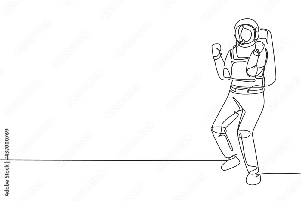 Single one line drawing female astronaut stands with celebrate gesture wearing space suit exploring earth, moon, other planets in the universe. Continuous line draw design graphic vector illustration Single one line drawing female astronaut stands with celebrate gesture wearing space suit exploring earth, moon, other planets in the universe. Continuous line draw design graphic vector illustration
