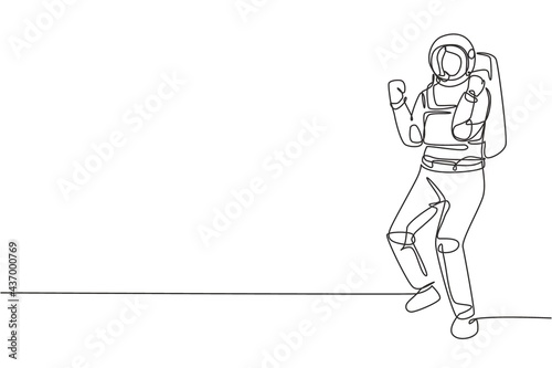 Single one line drawing female astronaut stands with celebrate gesture wearing space suit exploring earth, moon, other planets in the universe. Continuous line draw design graphic vector illustration