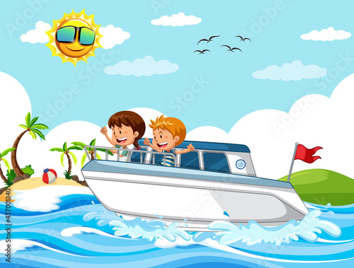 Beach scene with children on a speed boat