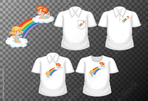 Little angle cartoon character with set of different shirts isolated on transparent background